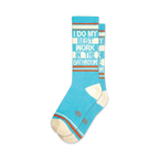 Pair of teal crew socks with a white and orange stripe at the cuff. The socks feature the text 'I DO MY BEST WORK IN THE BATHROOM' in a retro-style font.
