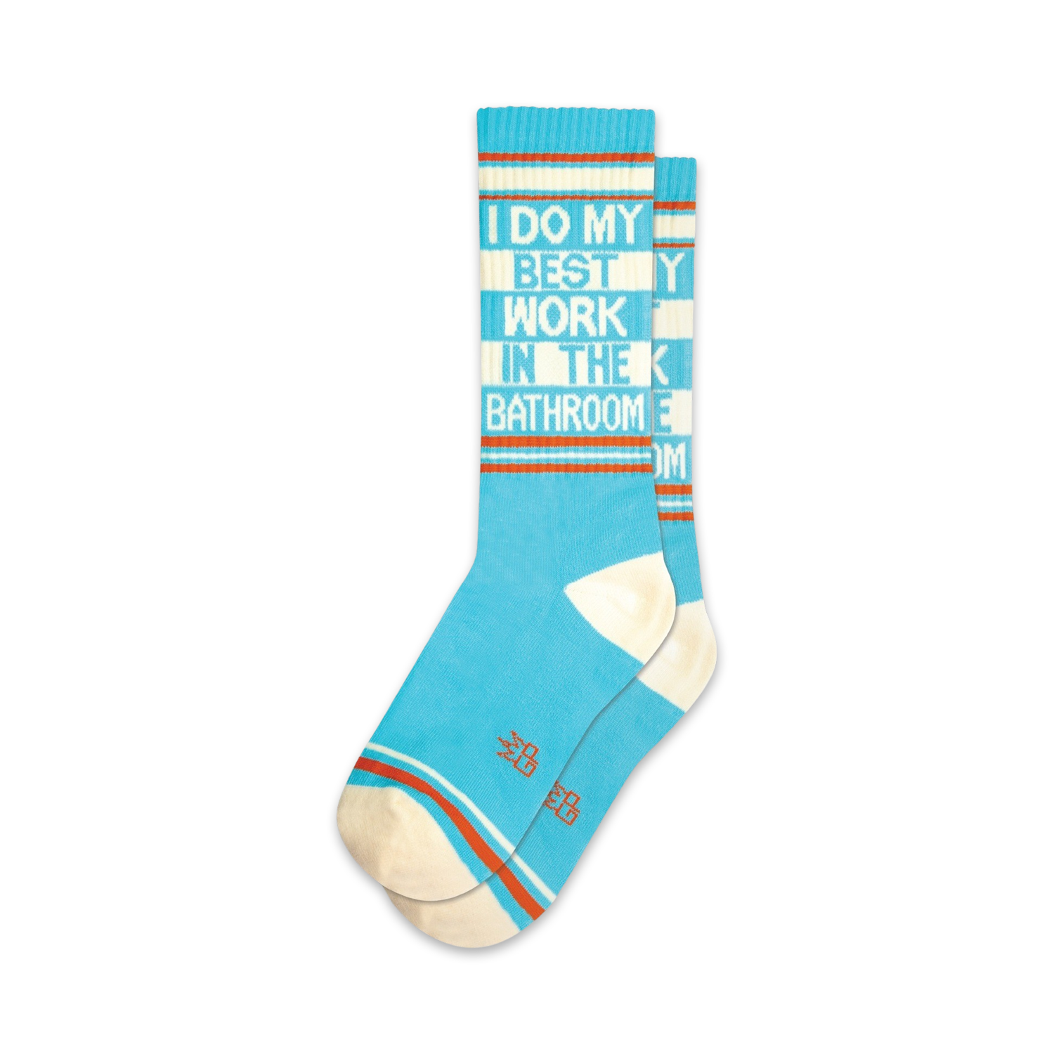 Pair of teal crew socks with a white and orange stripe at the cuff. The socks feature the text 'I DO MY BEST WORK IN THE BATHROOM' in a retro-style font.