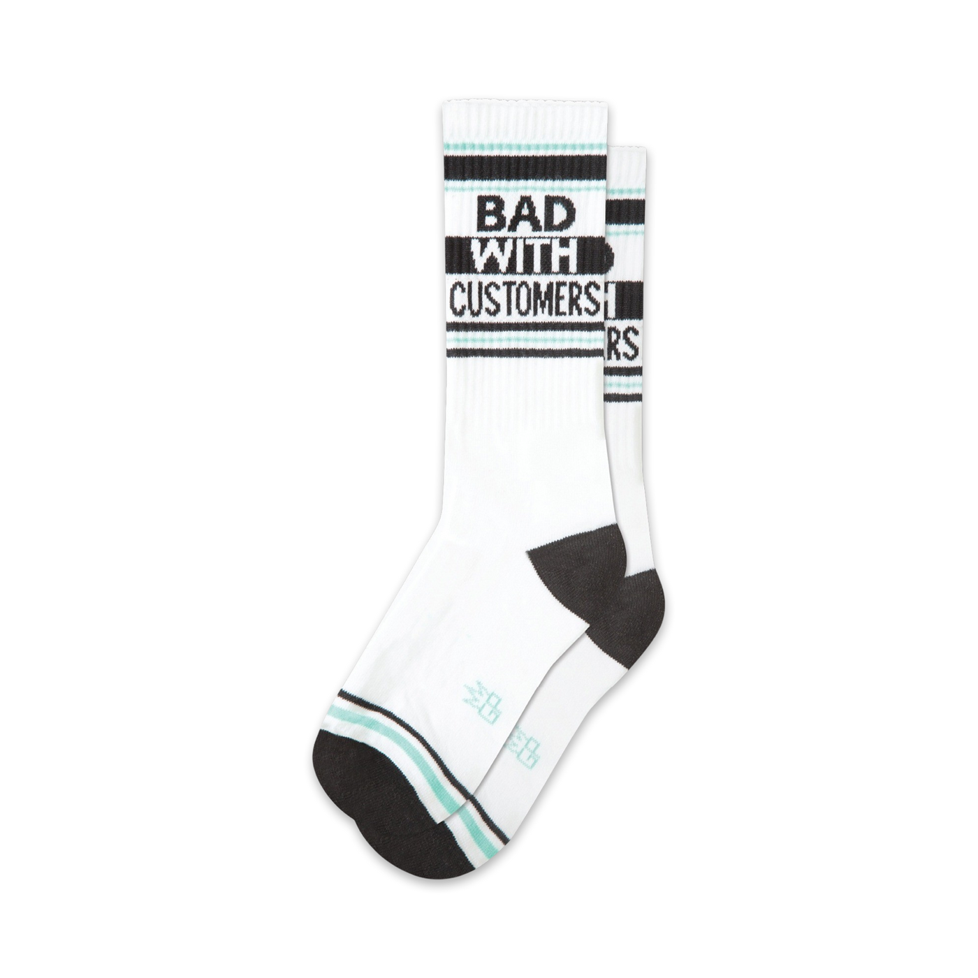 Pair of white crew socks with black and teal stripes and the text 'BAD WITH CUSTOMERS' in black.
