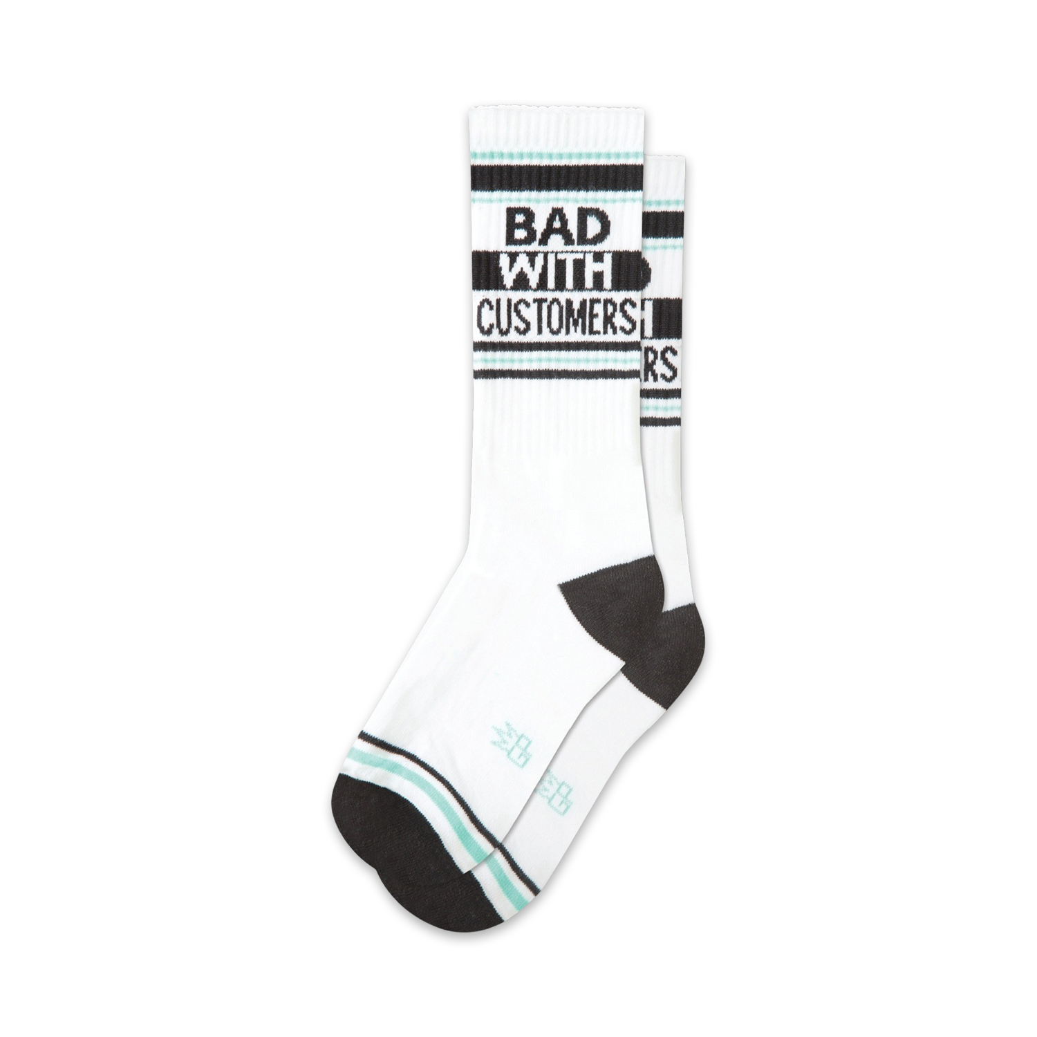 Pair of white crew socks with black and teal stripes and the text 'BAD WITH CUSTOMERS' in black.