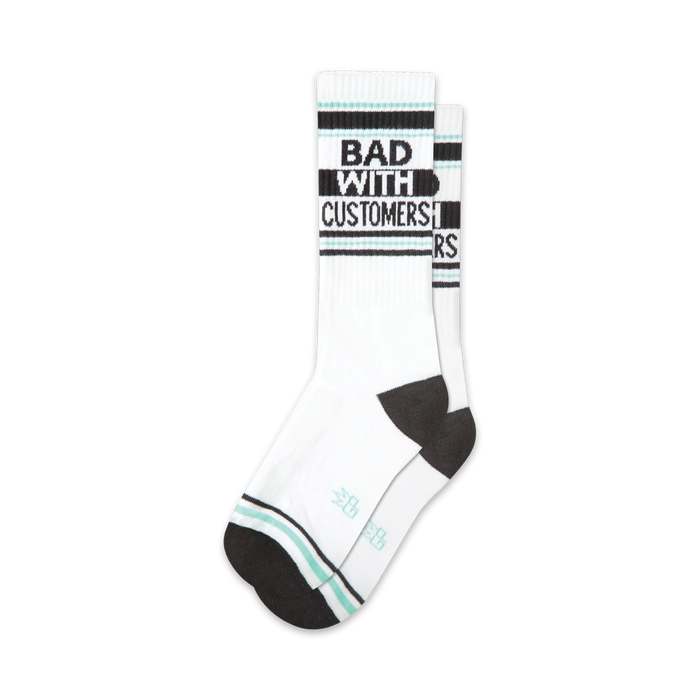 white 'bad with customers' crew socks, perfect for those seeking funny and playful footwear.   }}