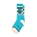 Pair of teal crew socks with black 'Clean Feet Dirty Mind' text.  Features white cuffs and a retro stripe design.
