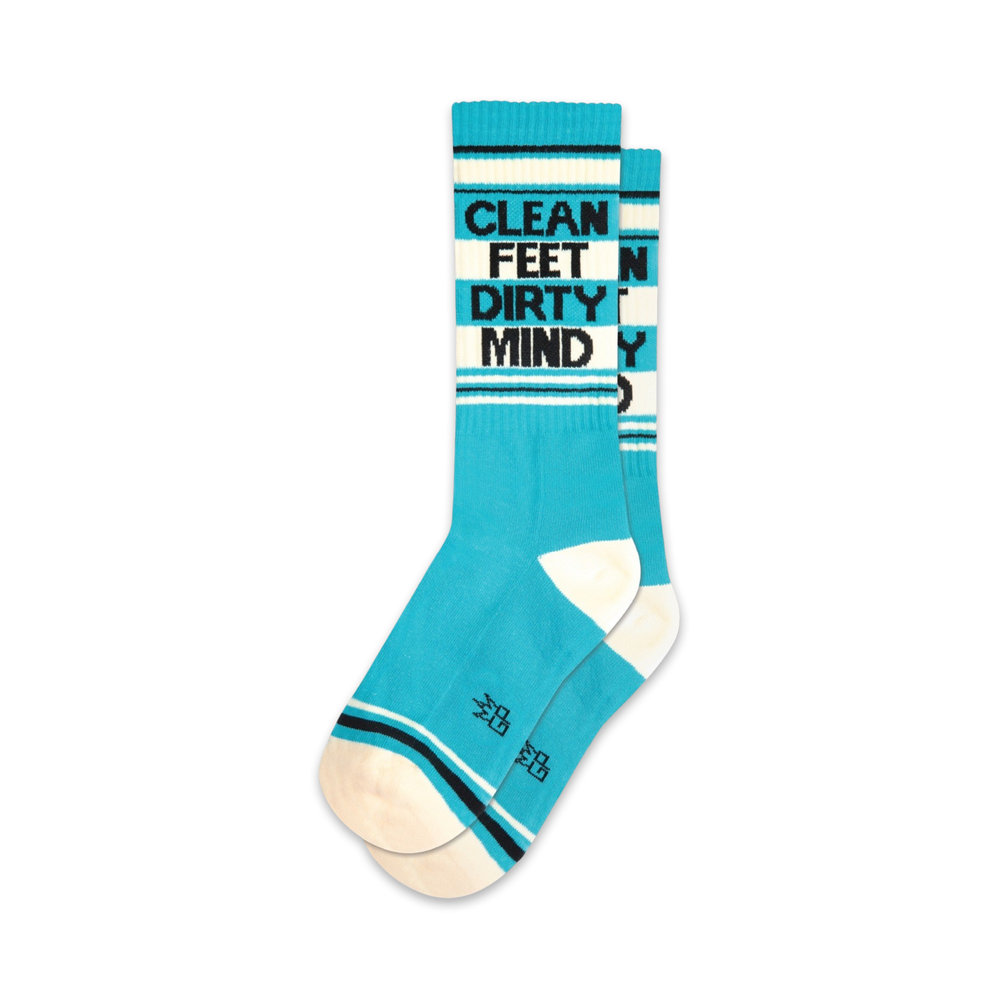 Pair of teal crew socks with black 'Clean Feet Dirty Mind' text.  Features white cuffs and a retro stripe design.