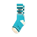 Pair of teal crew socks with black 'Clean Feet Dirty Mind' text.  Features white cuffs and a retro stripe design.