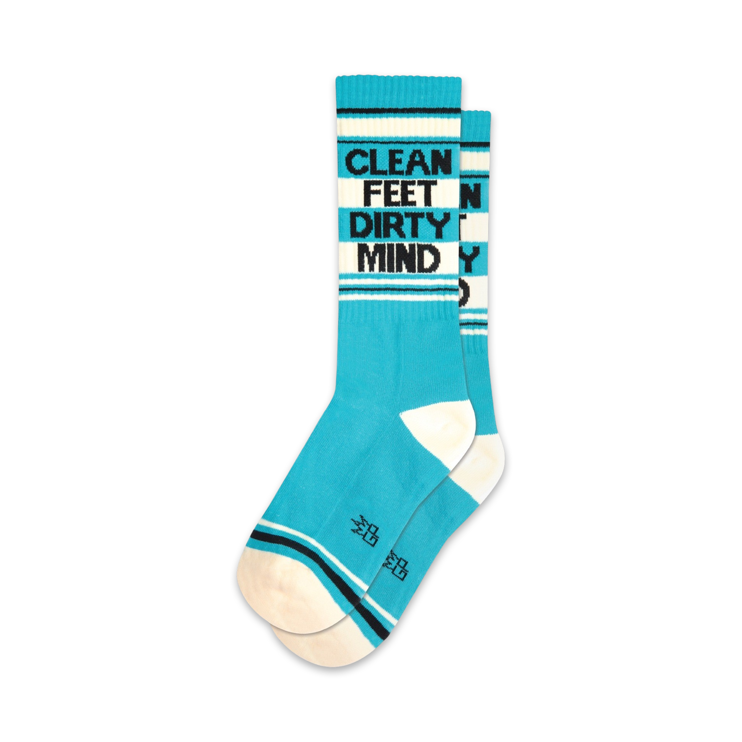 Pair of teal crew socks with black 'Clean Feet Dirty Mind' text.  Features white cuffs and a retro stripe design.