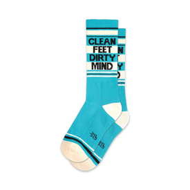 blue and white striped socks with {clean feet n dirty mind} text in black and white. unisex crew length.  
