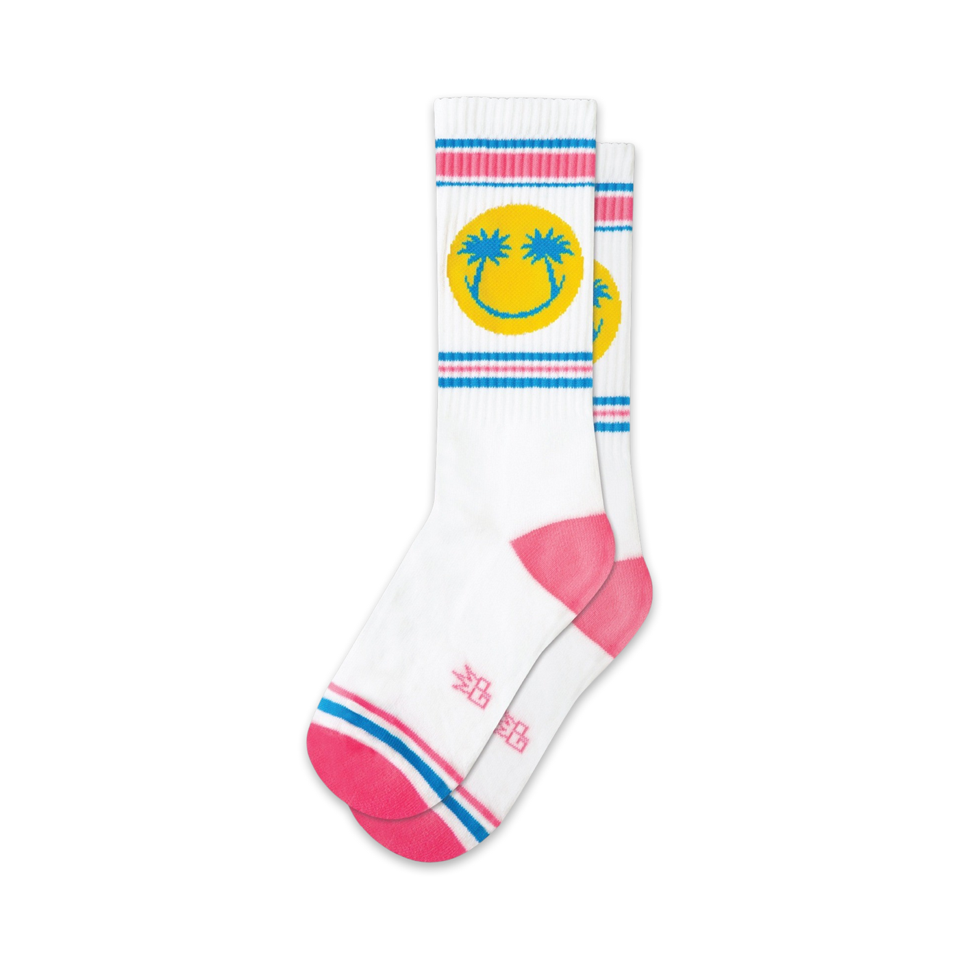 Pair of white crew socks with pink and blue stripes and a yellow smiley face with palm trees.