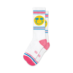 Pair of white crew socks with pink and blue stripes and a yellow smiley face with palm trees.