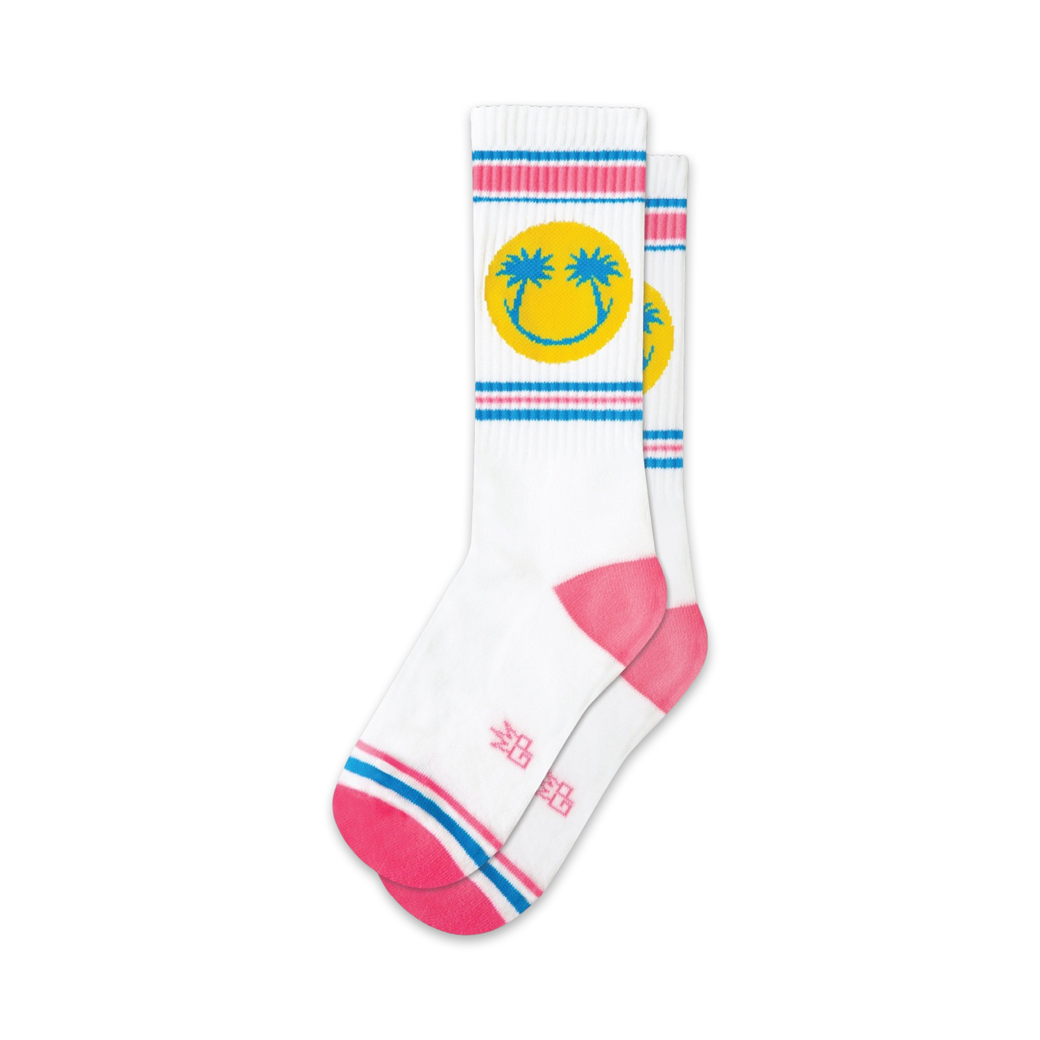 Pair of white crew socks with pink and blue stripes and a yellow smiley face with palm trees.