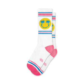 yellow palm trees with smiley faces on white socks with pink and blue stripes. unisex. crew xl.   