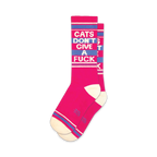 Pair of pink crew socks with a blue 'Cats Don't Give A Fuck' slogan.  Features white and blue stripes at the top and bottom.