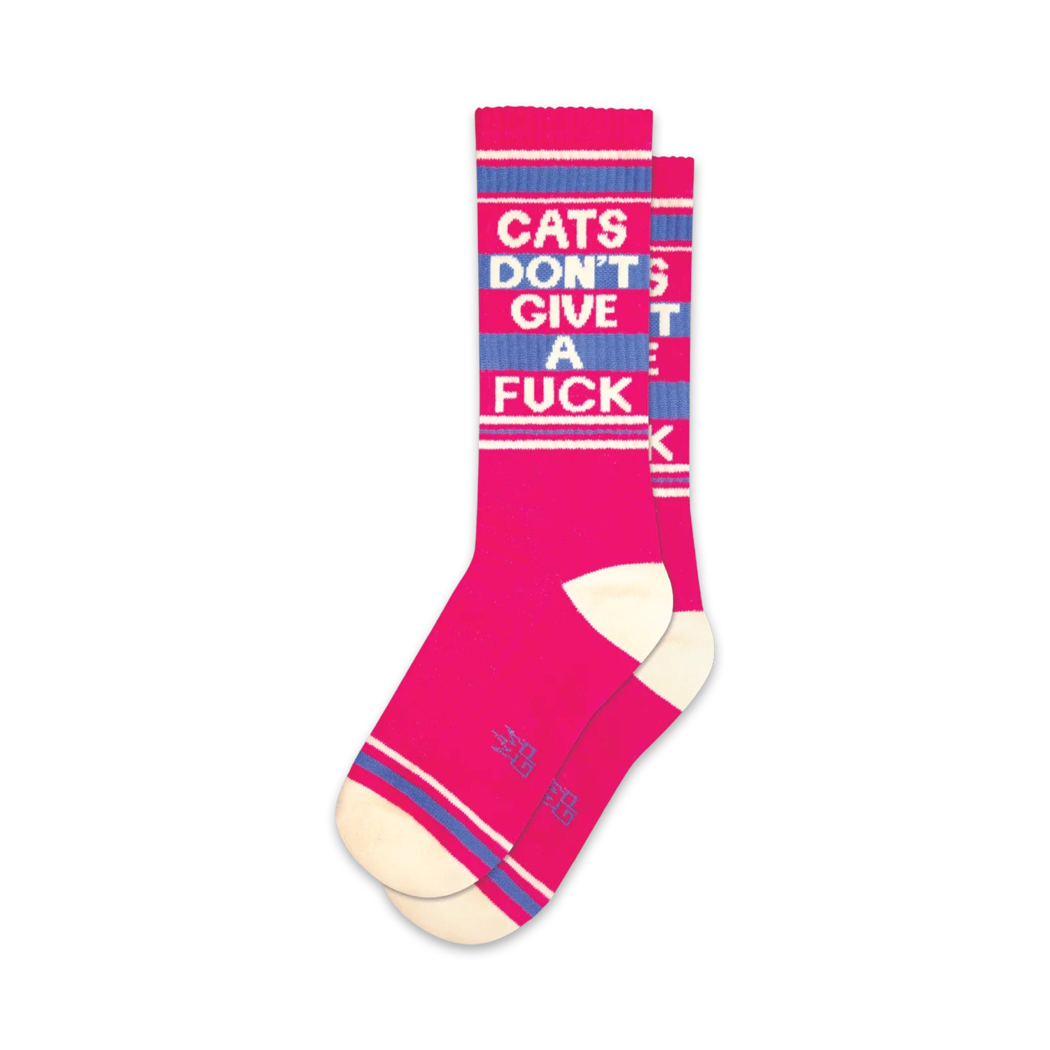 Pair of pink crew socks with a blue 'Cats Don't Give A Fuck' slogan.  Features white and blue stripes at the top and bottom.