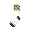 Pair of white crew socks with black and yellow stripes and the text 'Respect The Locals'.