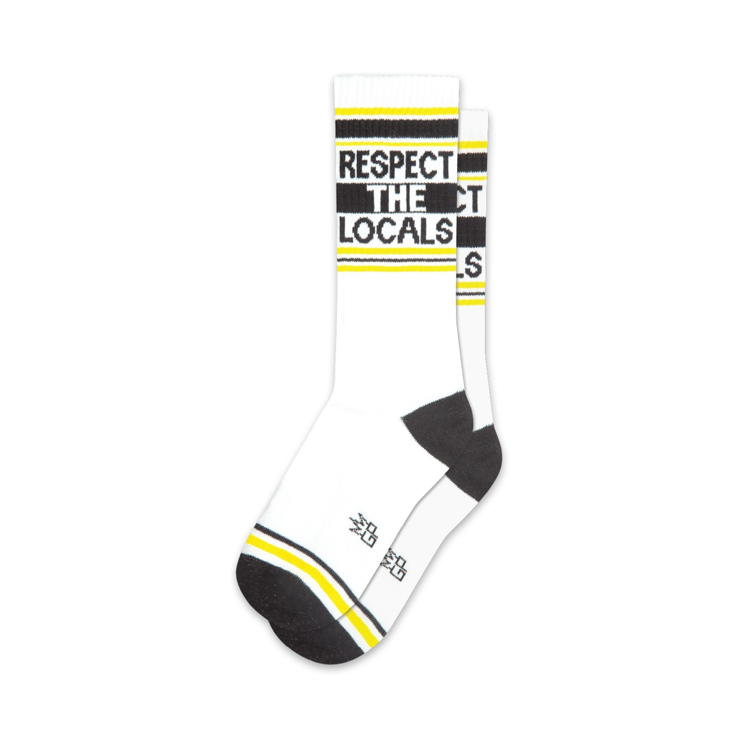 Pair of white crew socks with black and yellow stripes and the text 'Respect The Locals'.