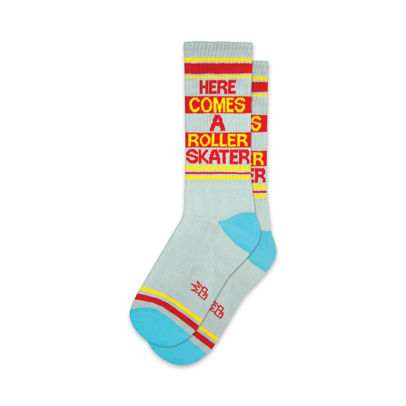 Pair of light gray crew socks with red and yellow stripes and the text 'Here Comes A Roller Skater'.  Features a teal colored heel and toe.