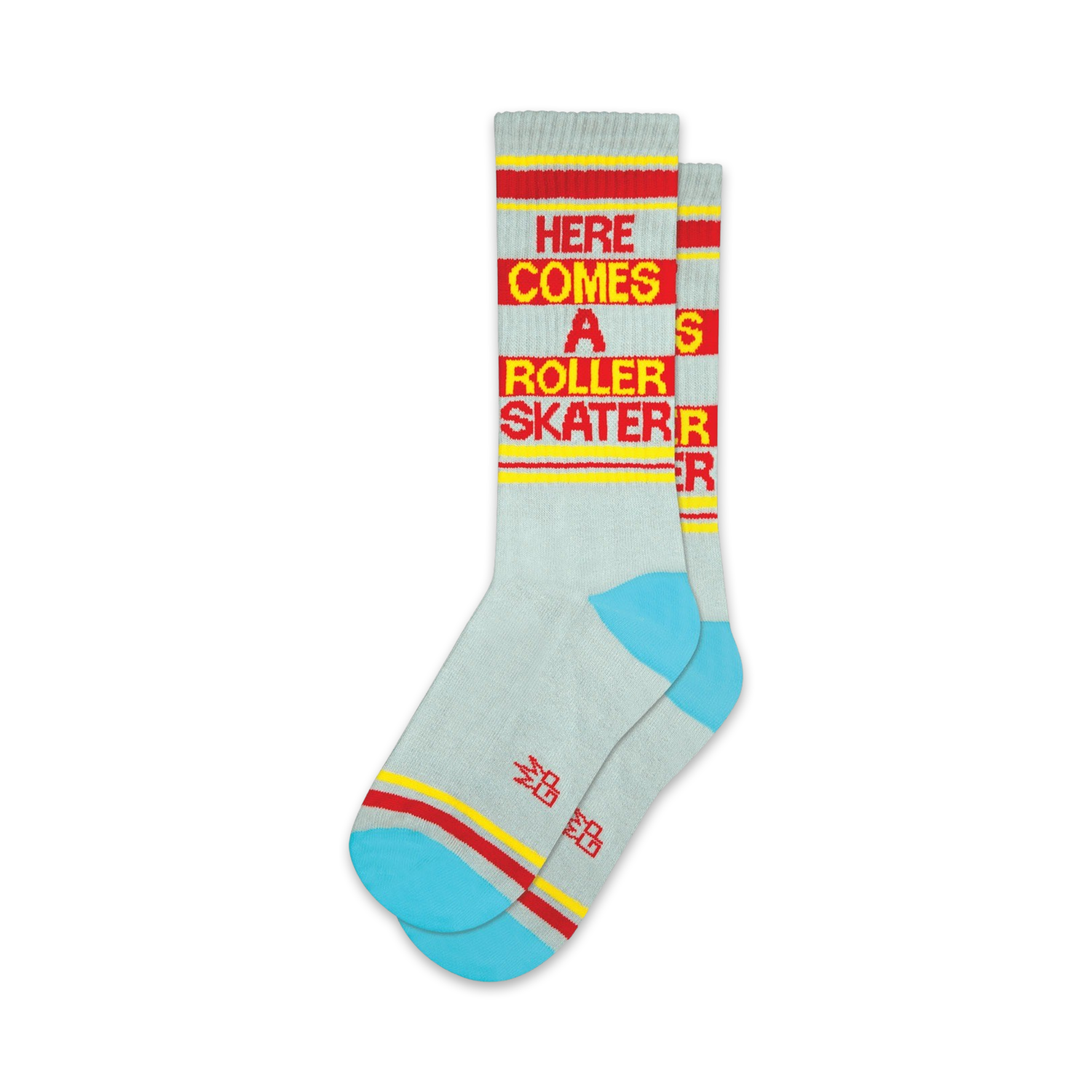Pair of light gray crew socks with red and yellow stripes and the text 'Here Comes A Roller Skater'.  Features a teal colored heel and toe.