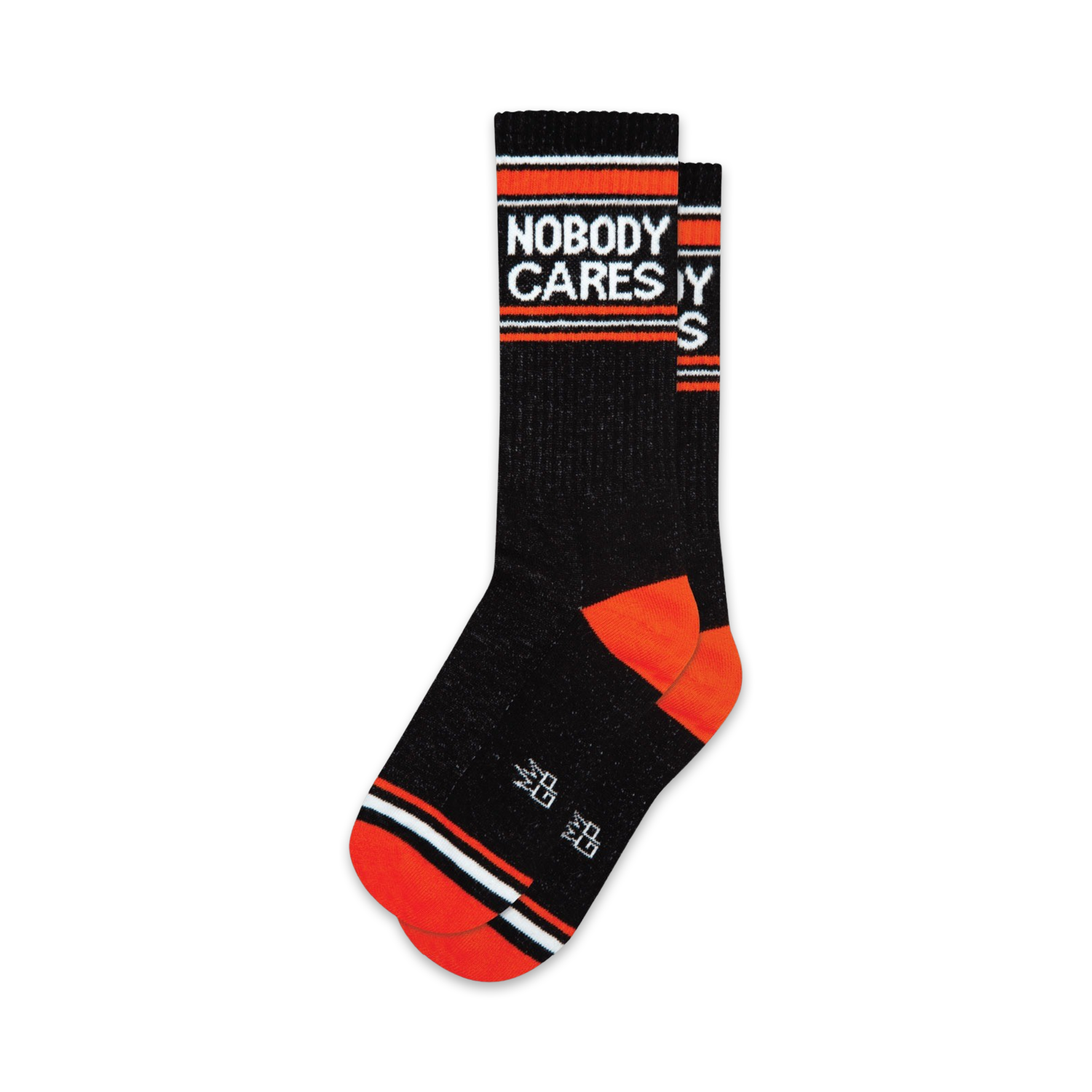 Pair of black crew socks with orange cuffs and white 'Nobody Cares' text. 