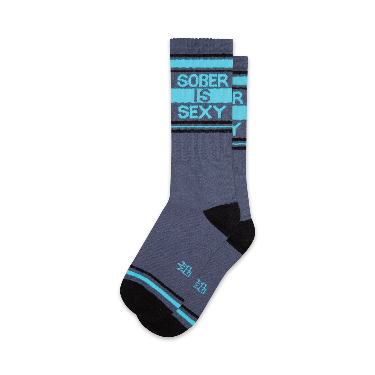 A pair of grey crew socks with teal and black stripes, displaying the text 'SOBER IS SEXY' in teal.