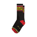 A pair of black crew socks with red and yellow stripes and the words 'Born to Boogie' in yellow.