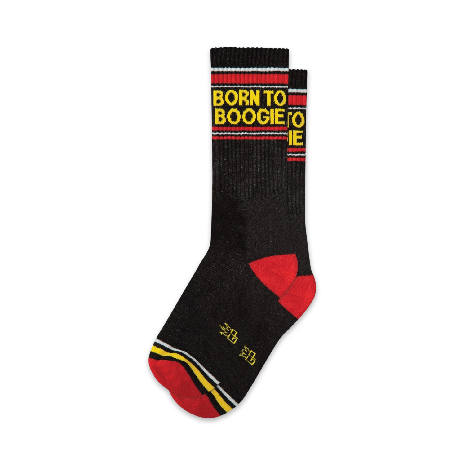 A pair of black crew socks with red and yellow stripes and the words 'Born to Boogie' in yellow.