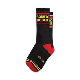 black socks with red & yellow stripes, red heels & toes, 'born to boogie' text. crew, for men/women.   
