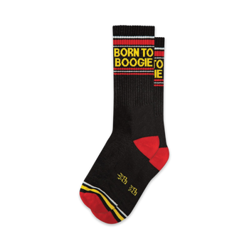 A pair of black crew socks with red and yellow stripes and the words 'Born to Boogie' in yellow.