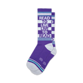 A pair of purple crew socks with white and teal stripes. The socks feature the text 'Read To Live Live To Read' in white.