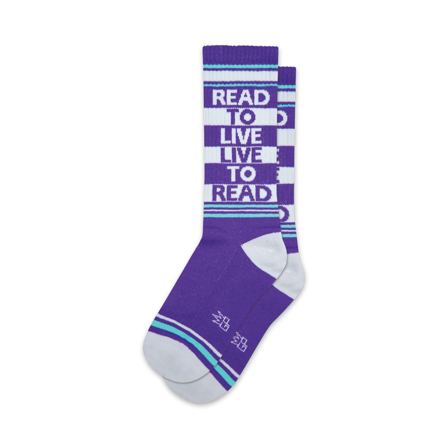 A pair of purple crew socks with white and teal stripes. The socks feature the text 'Read To Live Live To Read' in white.