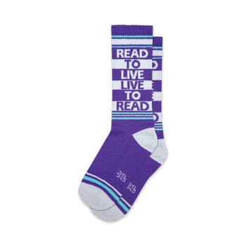 purple striped crew socks with 'read to live live to read' slogan for men and women who love reading.  