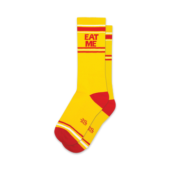 yellow and red striped crew socks with "eat me" written in red block letters. for men and women.   