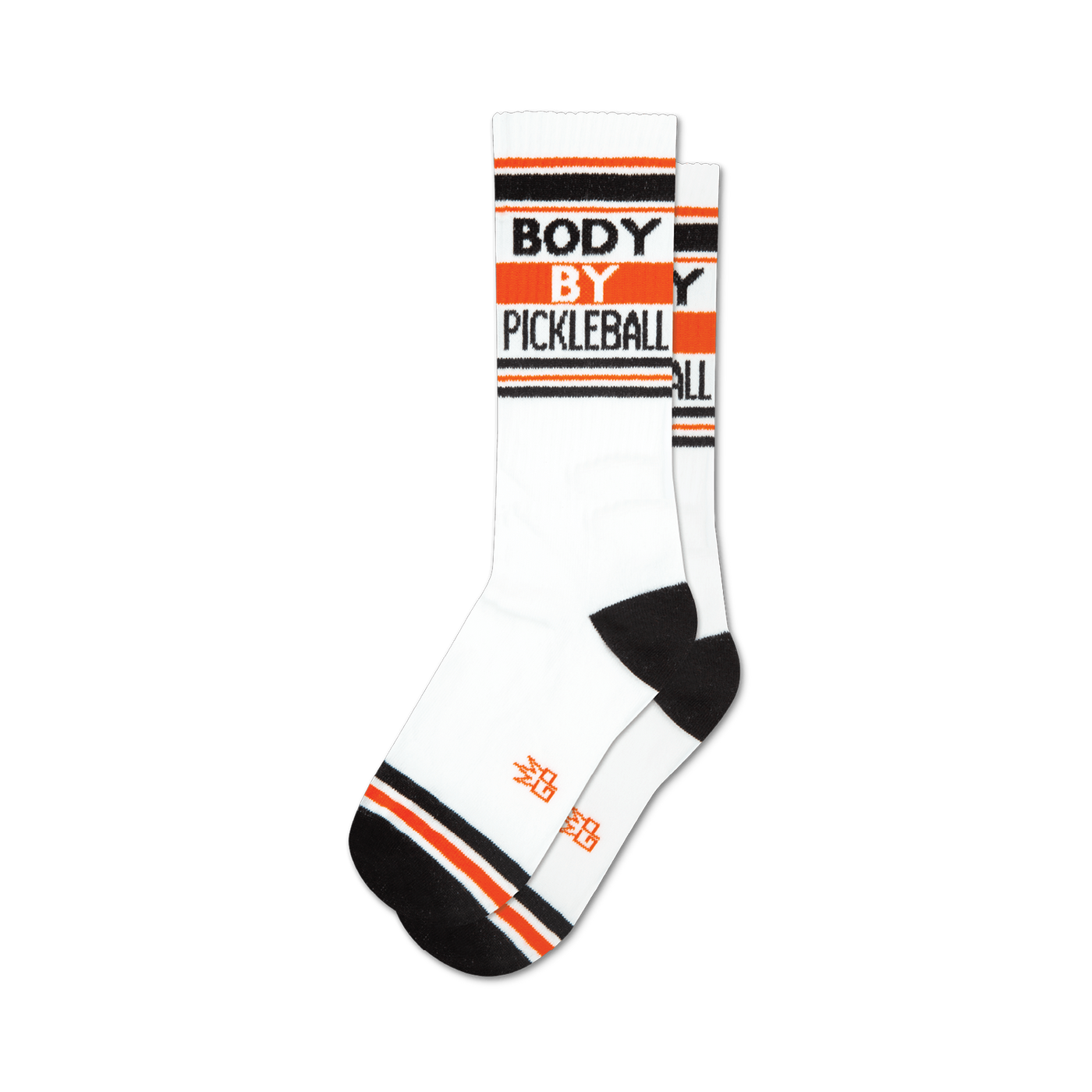 White crew socks with black and orange stripes and 'BODY BY PICKLEBALL' text.