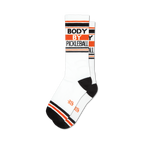 White crew socks with black and orange stripes and 'BODY BY PICKLEBALL' text.