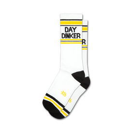 day dinker pickleball socks for men and women - black and yellow crew socks with 'day dinker' design  