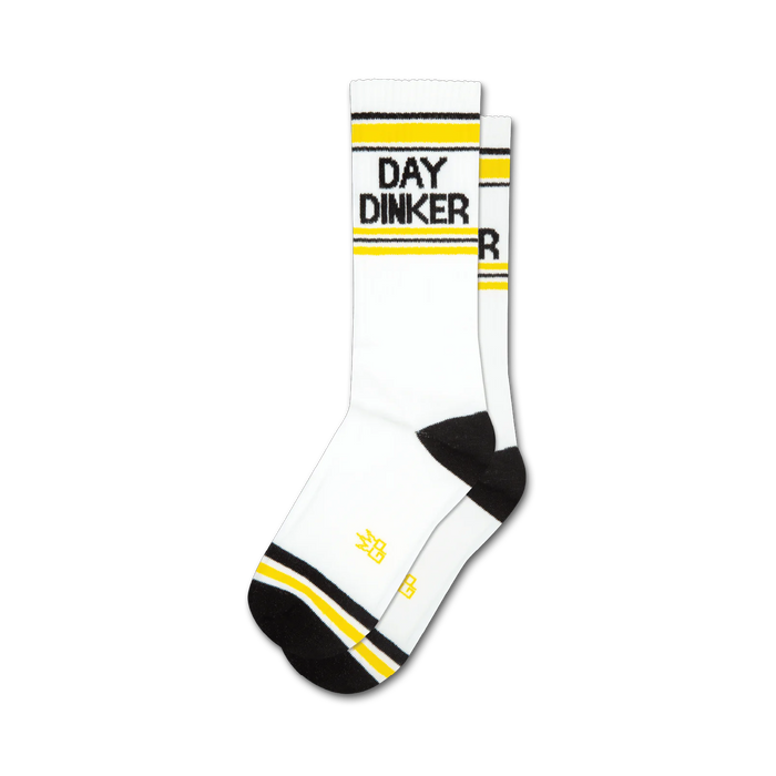 day dinker pickleball socks for men and women - black and yellow crew socks with 'day dinker' design   }}