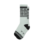 Pair of light teal crew socks with black stripes and repeated expletives printed vertically.