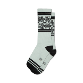humorous unisex crew-xl socks with black text that reads "dirty words" on a white background.  