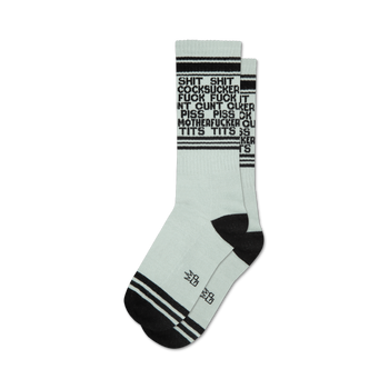 humorous unisex crew-xl socks with black text that reads "dirty words" on a white background.  