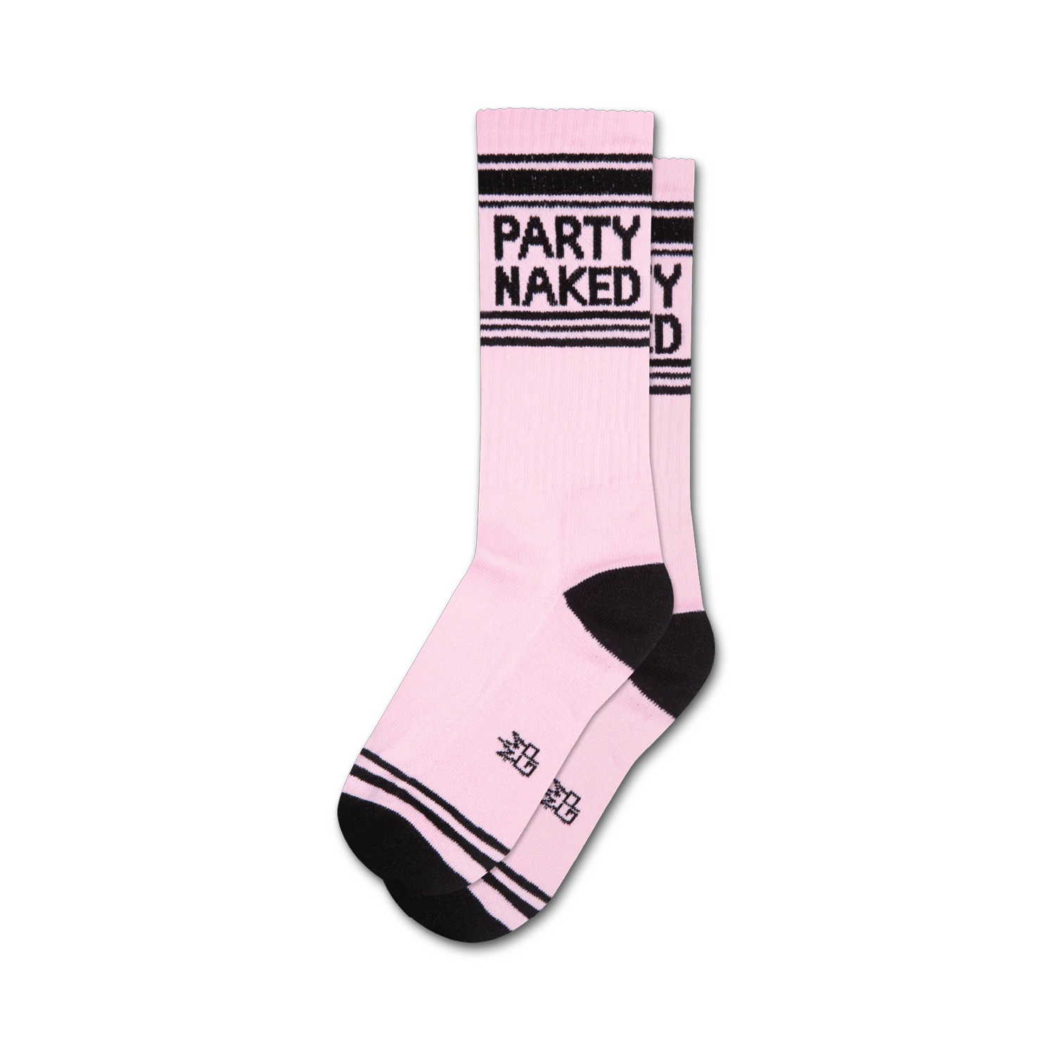 Pair of pink crew socks with black stripes and the phrase 'PARTY NAKED' printed on them.