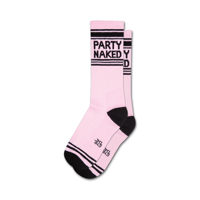 pink and black crew socks with 'party naked' in black text    }}