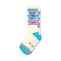 Pair of cream crew socks with blue, red, and purple stripes and the text 'Ready to Party, I Already Took My Nap'.