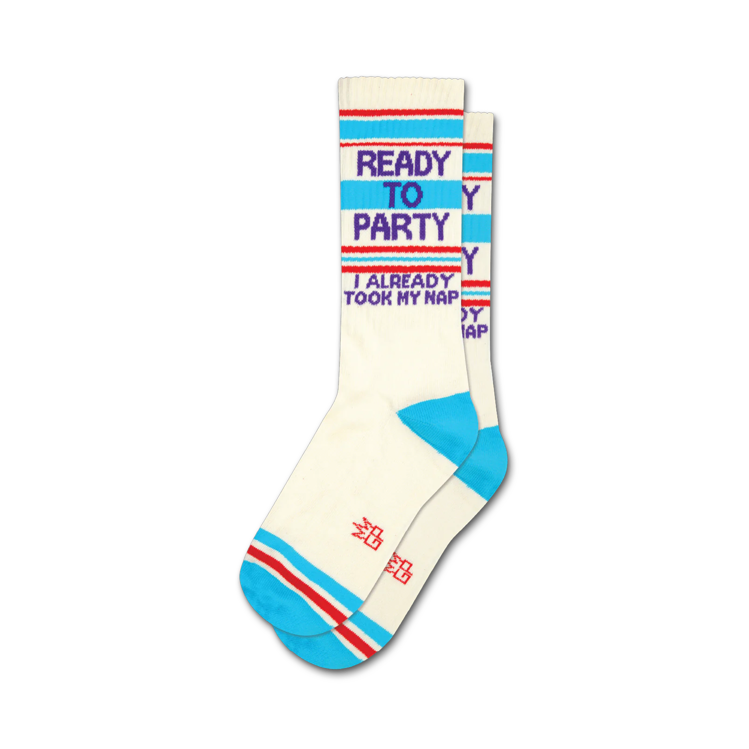 Pair of cream crew socks with blue, red, and purple stripes and the text 'Ready to Party, I Already Took My Nap'.