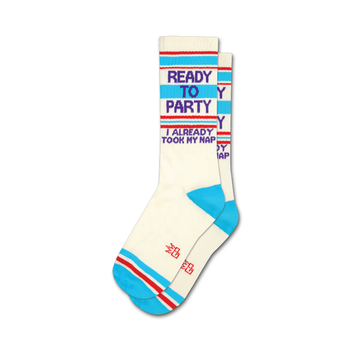 white crew socks with blue and red stripes, blue heels and toes, and 