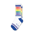 Pair of white crew socks with rainbow-colored 'PERFECT' text and blue, purple, and white stripes at the cuff.