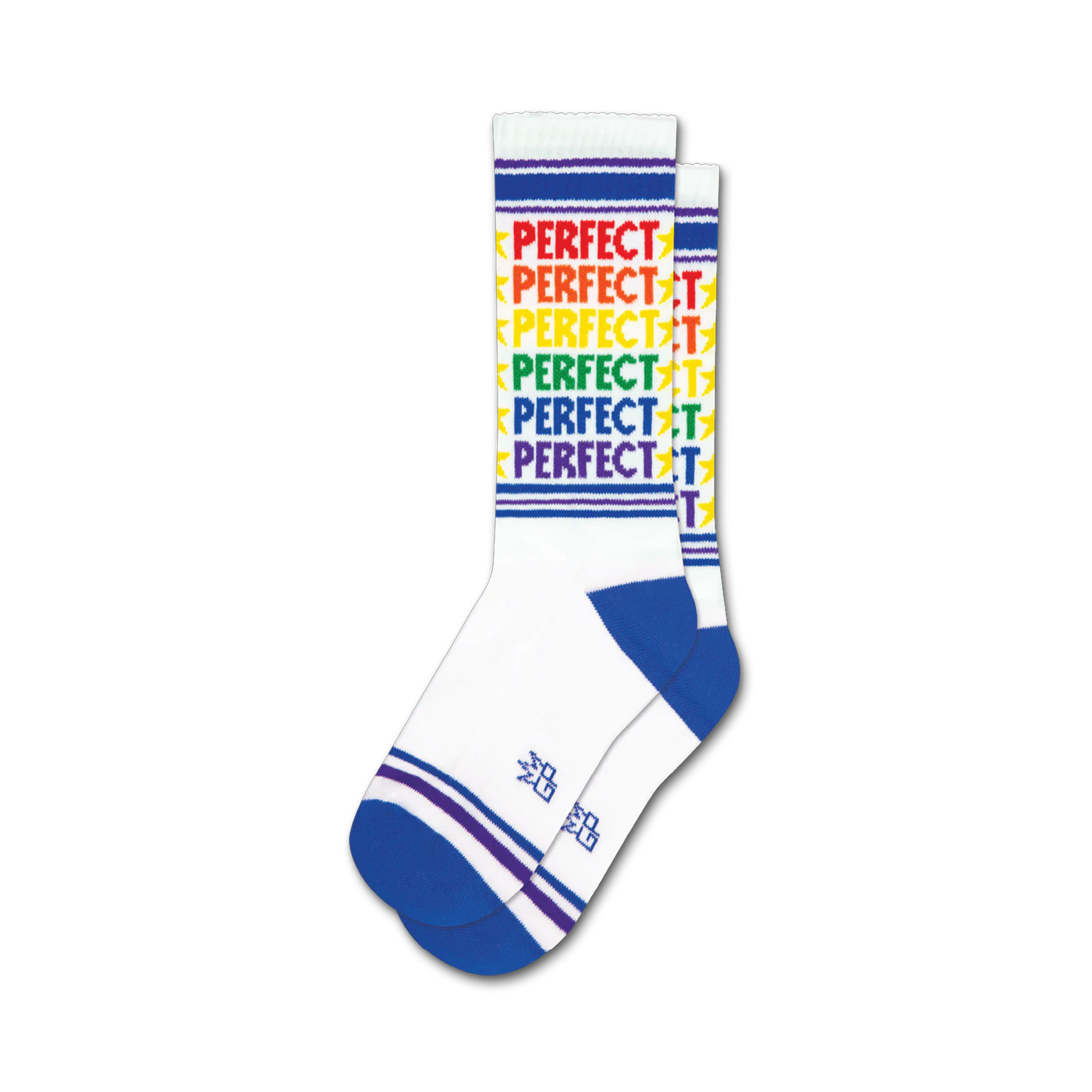 Pair of white crew socks with rainbow-colored 'PERFECT' text and blue, purple, and white stripes at the cuff.