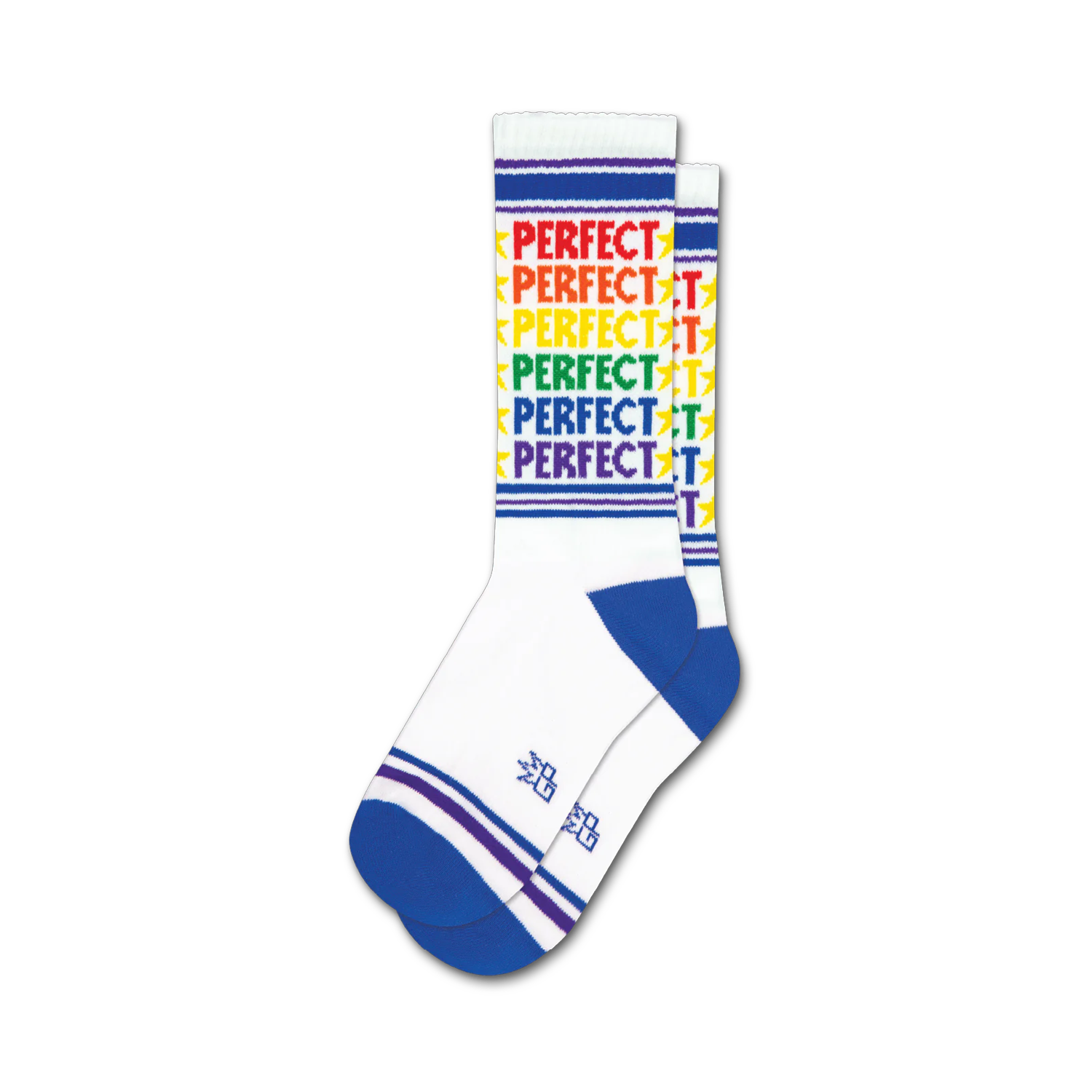 Pair of white crew socks with rainbow-colored 'PERFECT' text and blue, purple, and white stripes at the cuff.