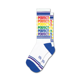 blue toe, heel, and top. white socks with rainbow '{perfect}' pattern. crew length. for men and women.  