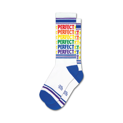 blue toe, heel, and top. white socks with rainbow '{perfect}' pattern. crew length. for men and women.  