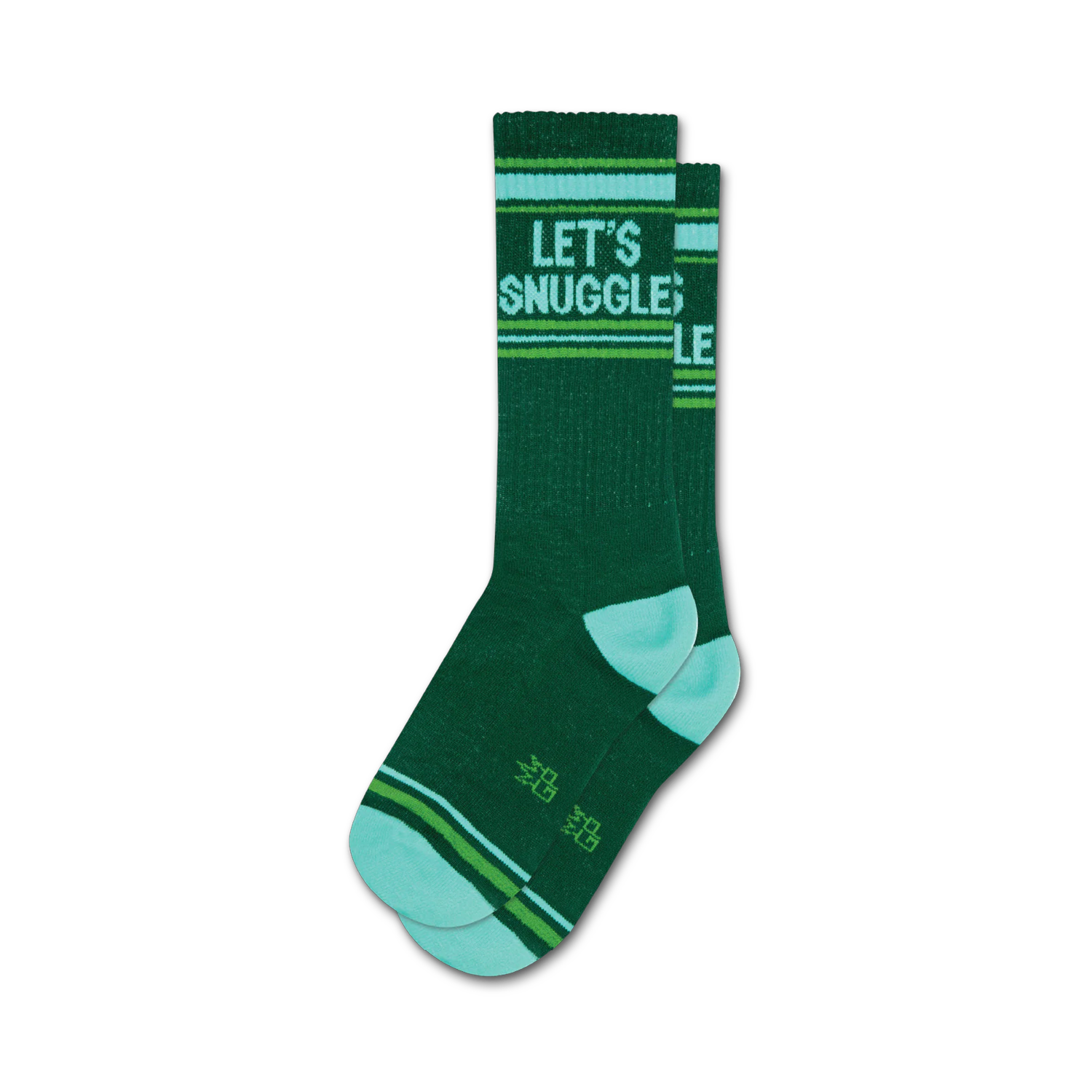 Pair of dark green crew socks with 'Let's Snuggle' in white text and teal and lime green stripes at the top and bottom.