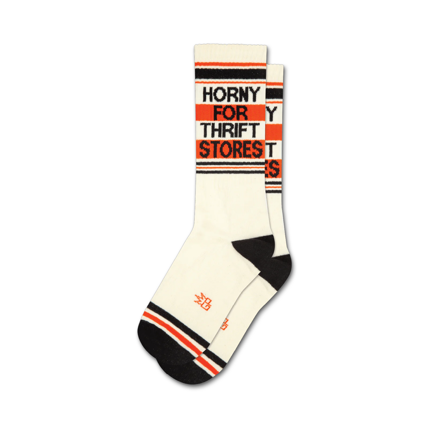 Pair of off-white crew socks with black and orange stripes. Text 'Horny For Thrift Stores' is vertically stacked on the socks.