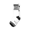 Pair of white crew socks with black stripes at the top and bottom. 'FUCK HATE' is printed in black.